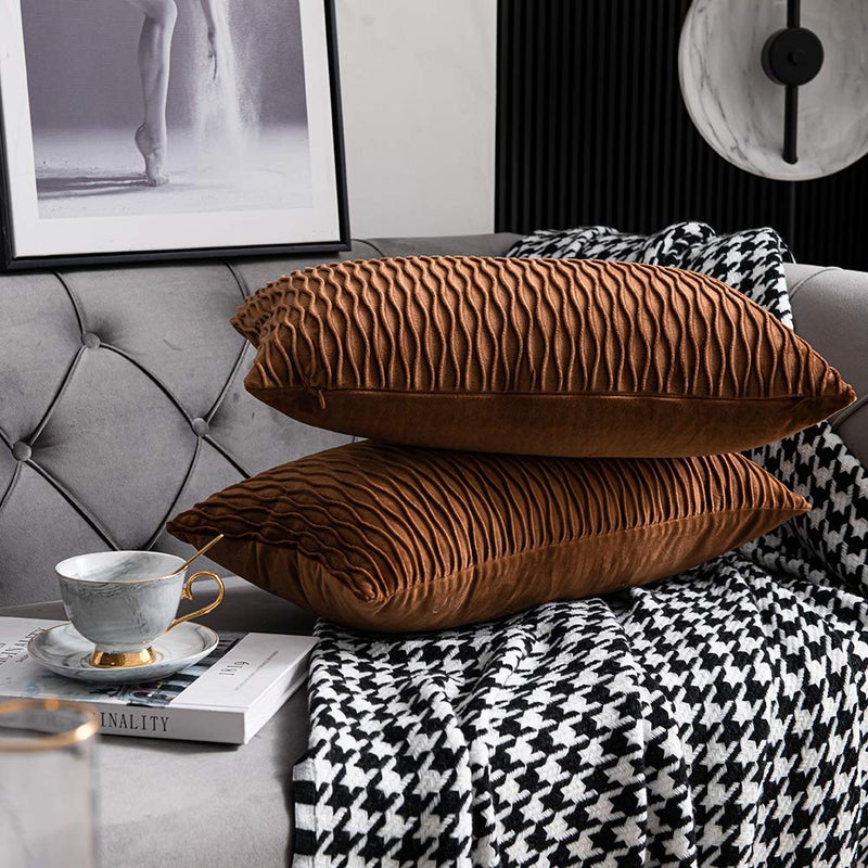 DEZENE Light Brown Throw Pillow Cases: 2 Pack 12x20 Inch Original Stripe Velvet Rectangular Decorative Pillow Covers for Farmhouse Couch - Image 4